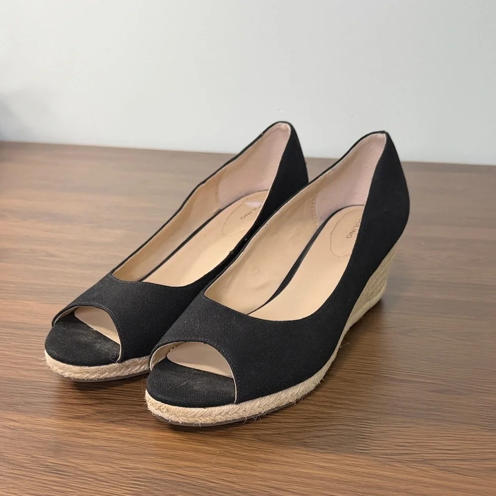Bandolino Black Wedge Fabric Espadrille Peep-Toe Shoes Sz 11‎